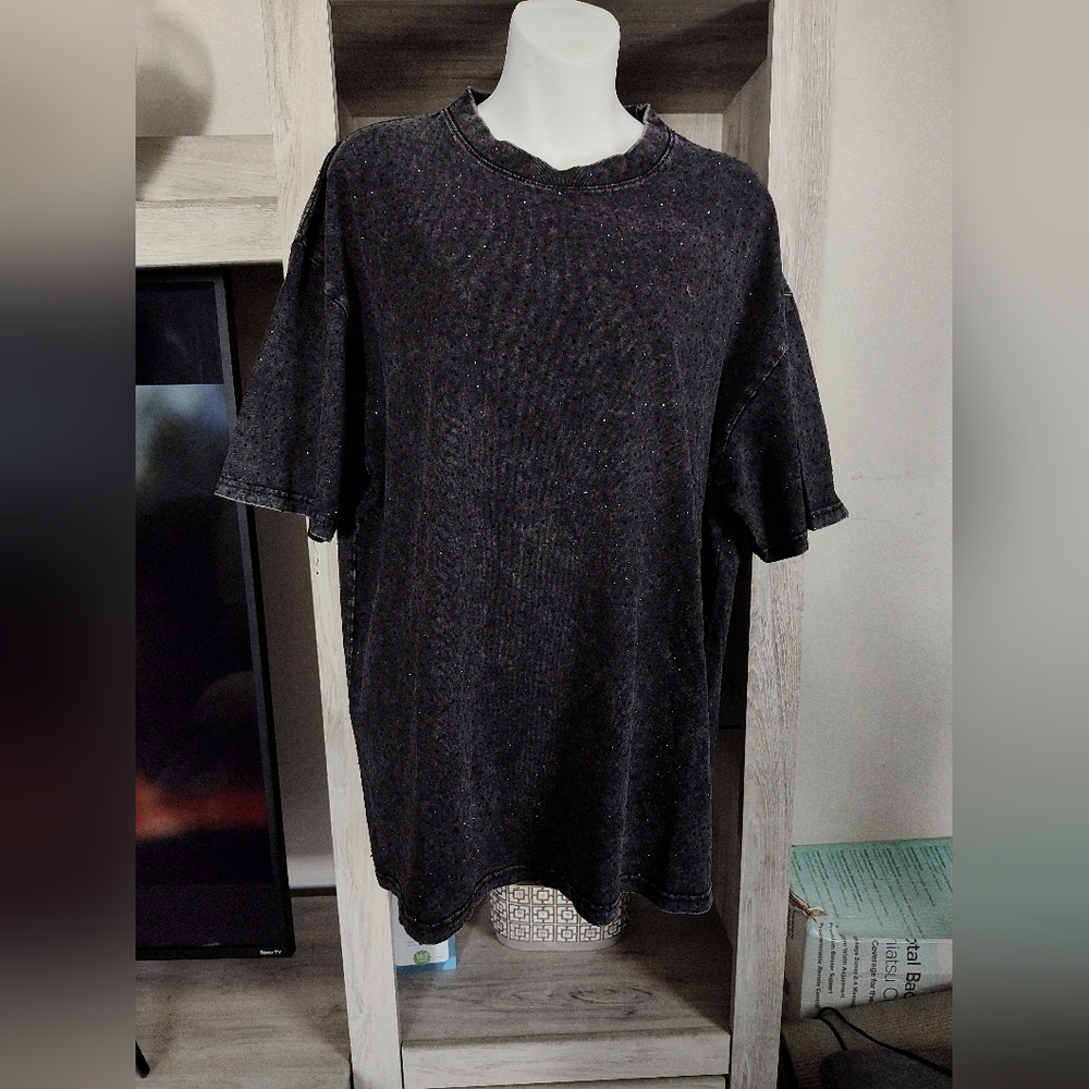 Summer Casual Black Rhinestone Women's T Shirt Round Neck Short Sleeve SZ Small